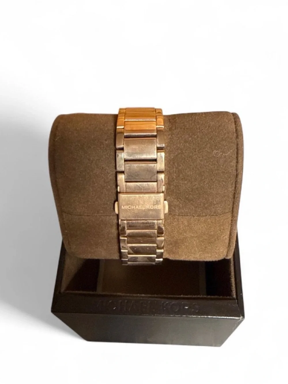 Michael Kors Women’s Rose Gold-tone MK Logo Crystal Bezel Watch